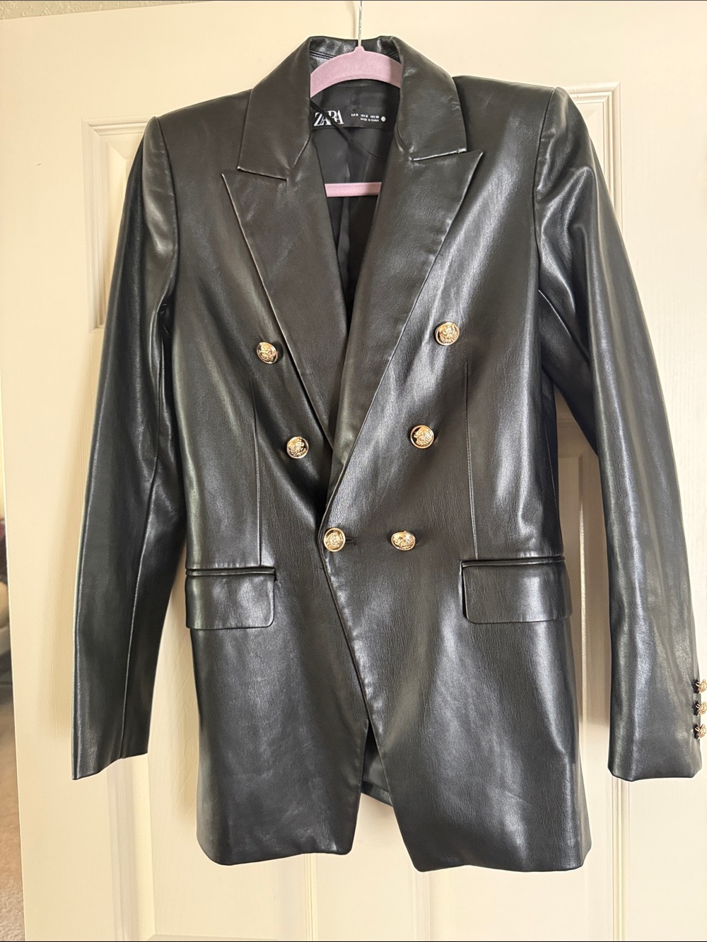 Zara Black Faux Leather Double-Breasted Blazer with Gold Buttons